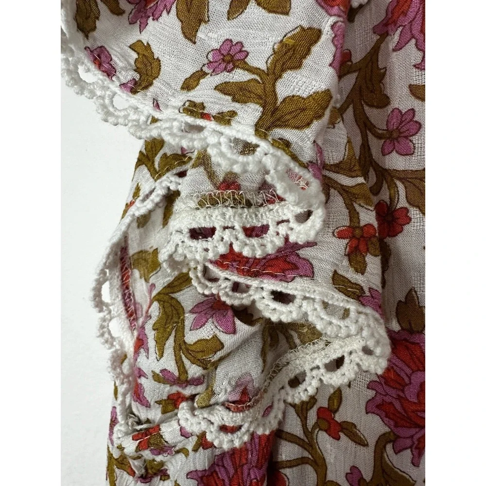 Cynthia Rowley Top‎ Womens 2X Boho Floral Flutter Layered Sleeve Crochet Trim